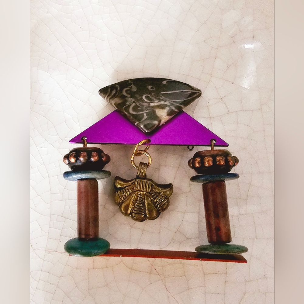 Greek column motif Egyptian Revival purple copper blue fan brooch